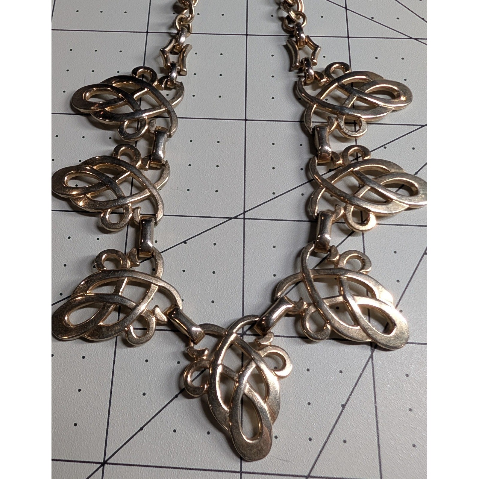 Vintage Gold Tone Celtic Knot Statement Collar Necklace Adjustable J-Hook Clasp
