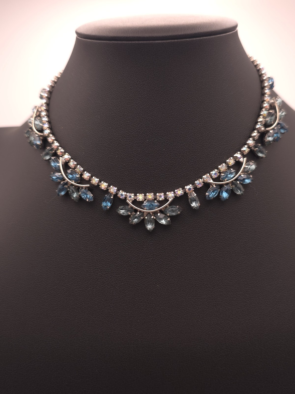 Silver Tone Blue Marquise Crystal Rhinestone Statement Collar Necklace Hook