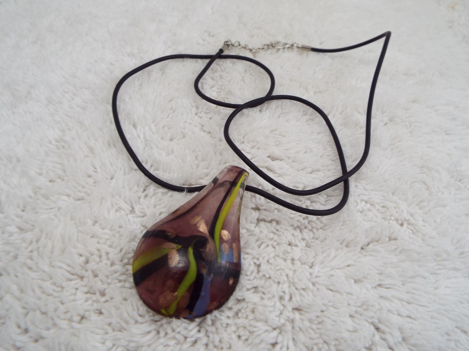 Brown Green Blue Art Glass Pendant Black Cord Necklace