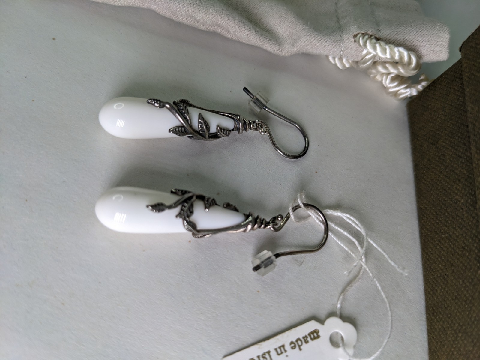 Or Paz White Cream Pearl Sterling Silver French Hook Floral Earrings Oxidized