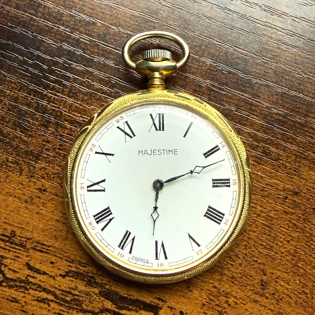 Majestime Open Face Pocket Watch Yellow Gold Plated White Roman Dial Manual.