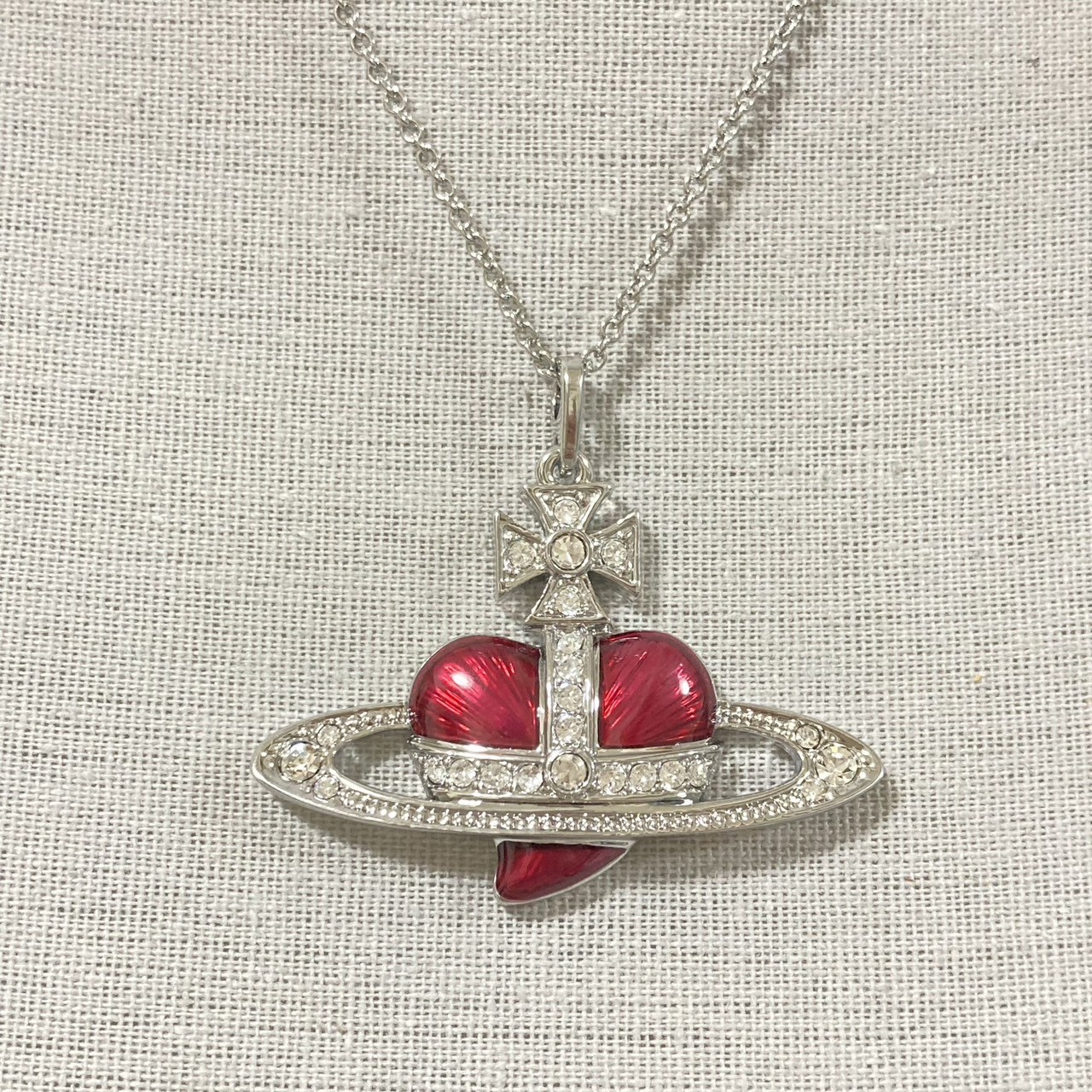 Vivienne Westwood Necklace Diamante Heart Orb Large Silver Red w/Pouch NO BOX