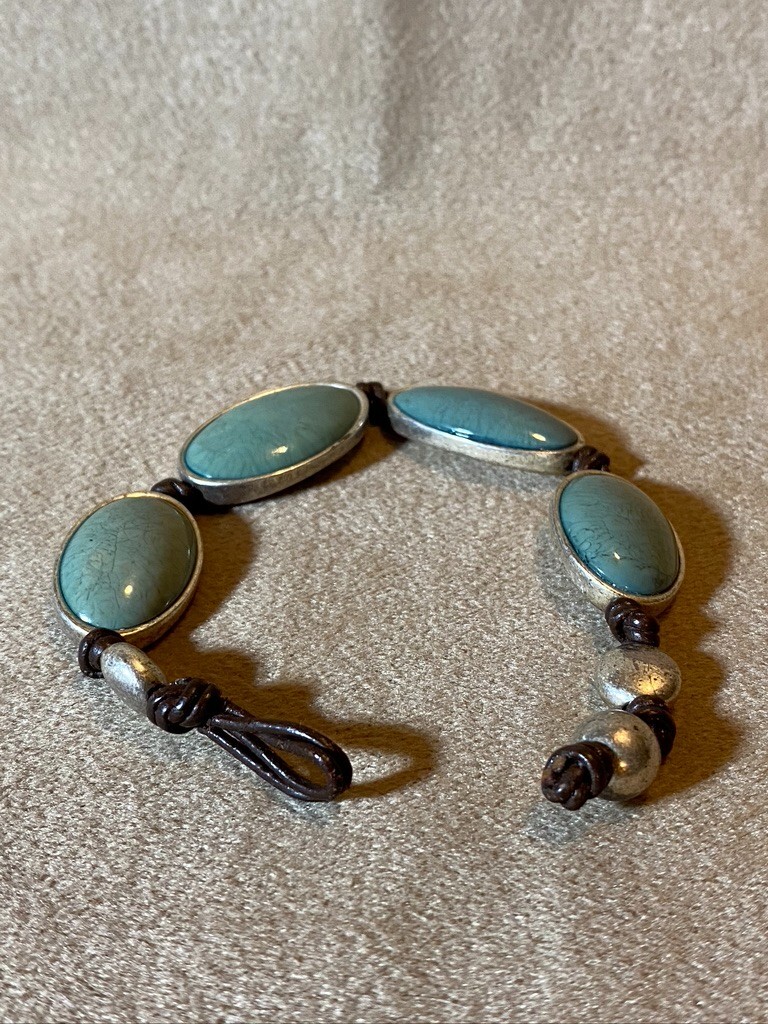 Bracelet Ceramic Beads Leather Sky Blue Turquoise Color Cabochons Casual Style