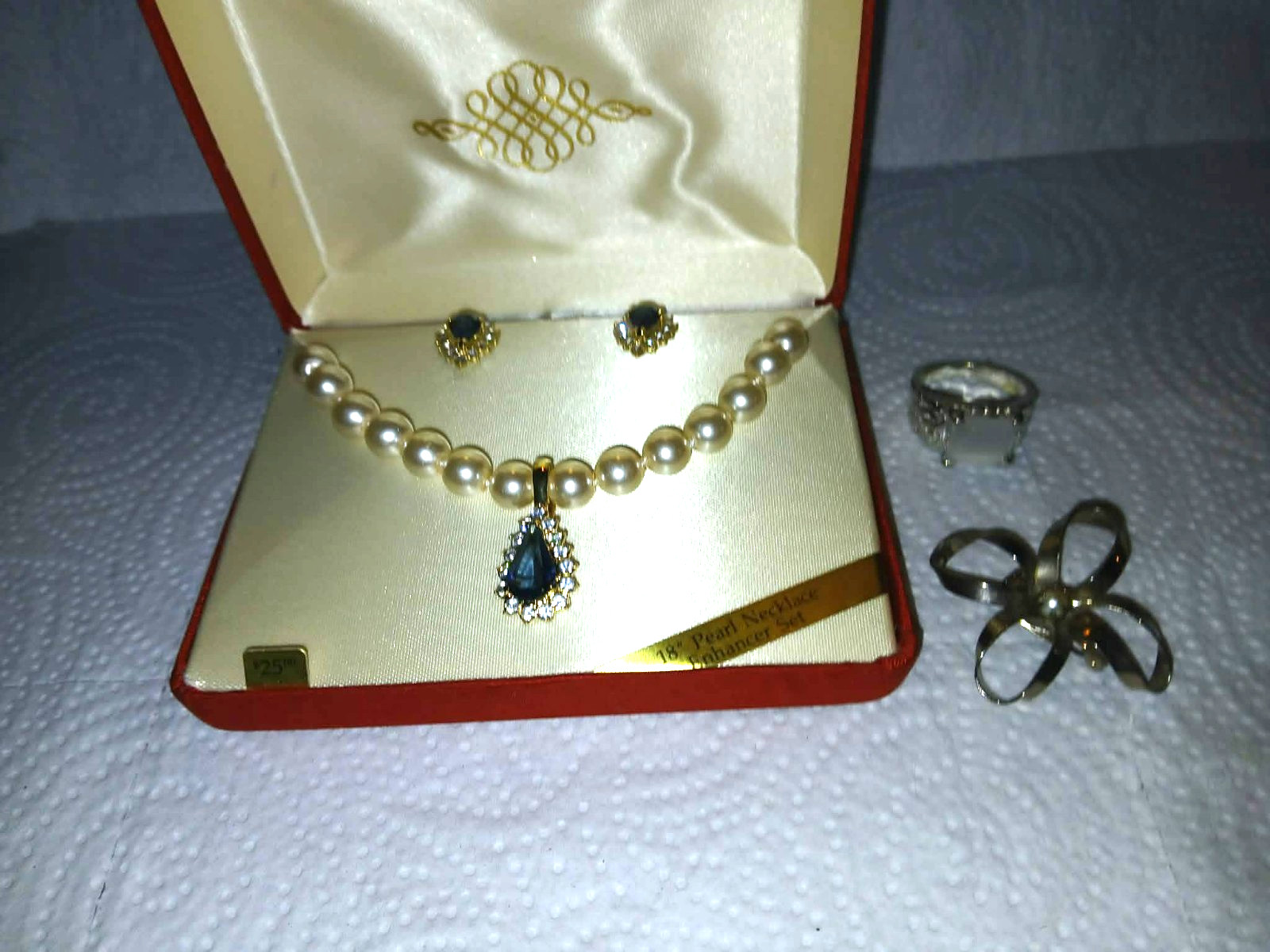 18″ Pearl Necklace Enhancer Pendant/ Earring SET+ Ring+ Vtg Pin#58