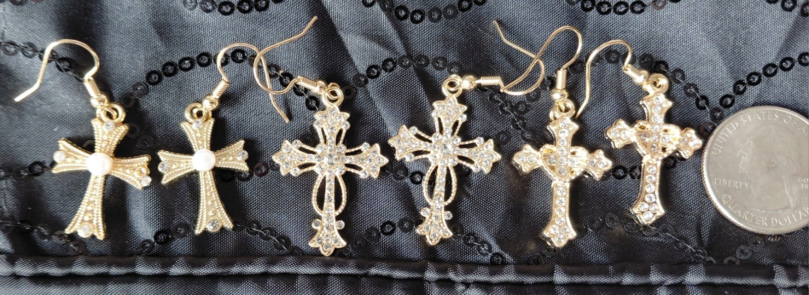 3 Pairs Of Cross Earrings Gold Tone New Rhinestones Free Shipping Heavier Made