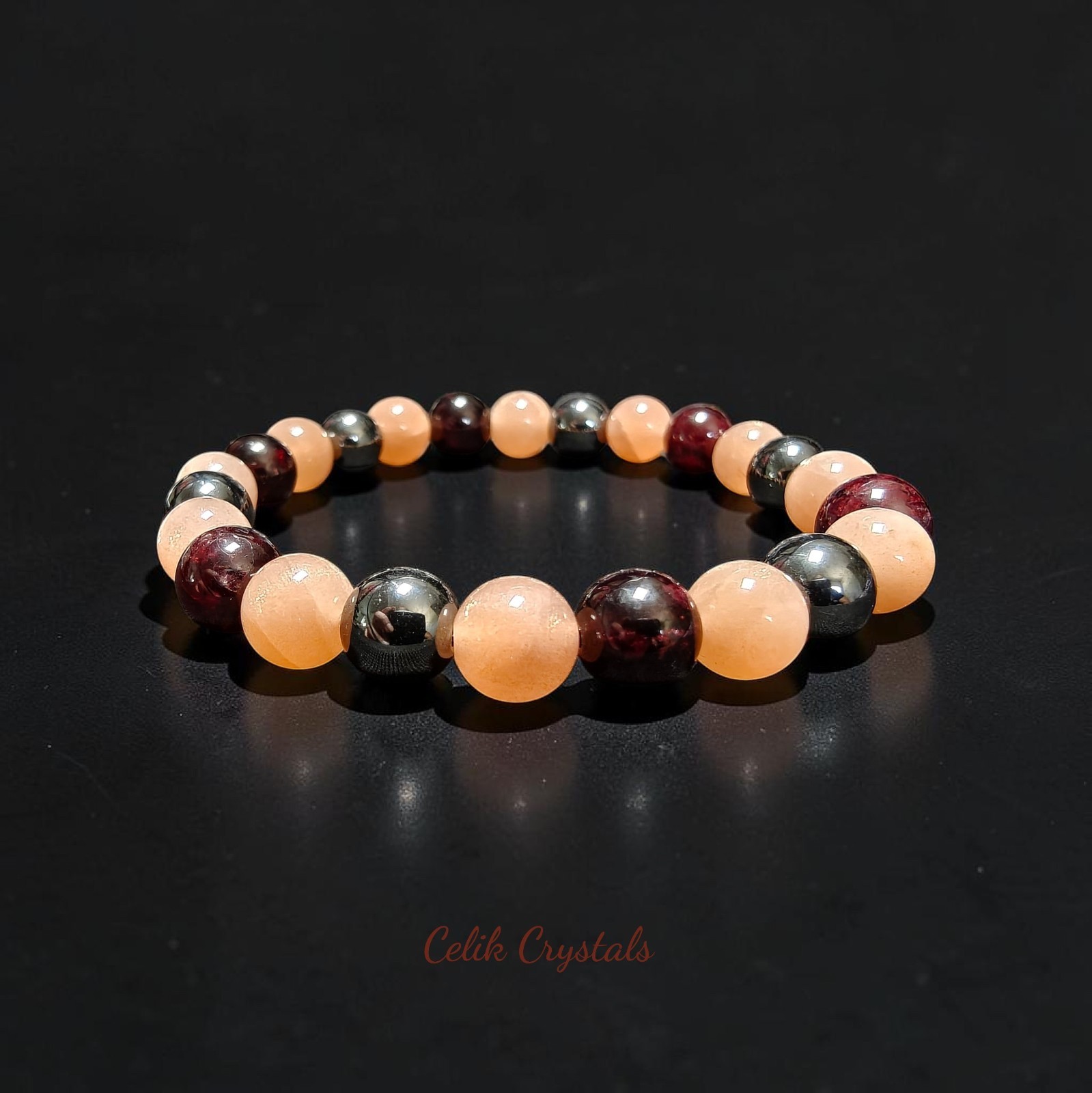 Garnet, Peach Moonstone, Hematite Bracelet 8mm Natural Stones