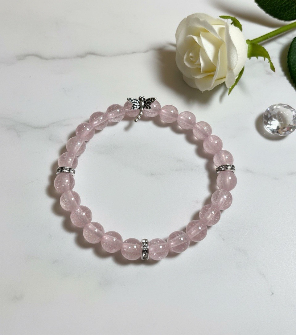 Pink Mica Powder Beaded Stretch Bracelet w/ Silver Dragonfly Charm.