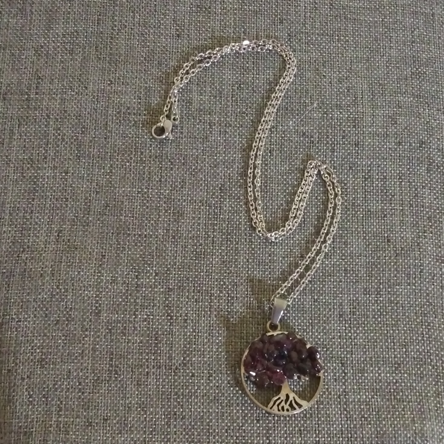 Tree of Life Round Charm Pendant Necklace Silver Tone Purple Crystal Cluster