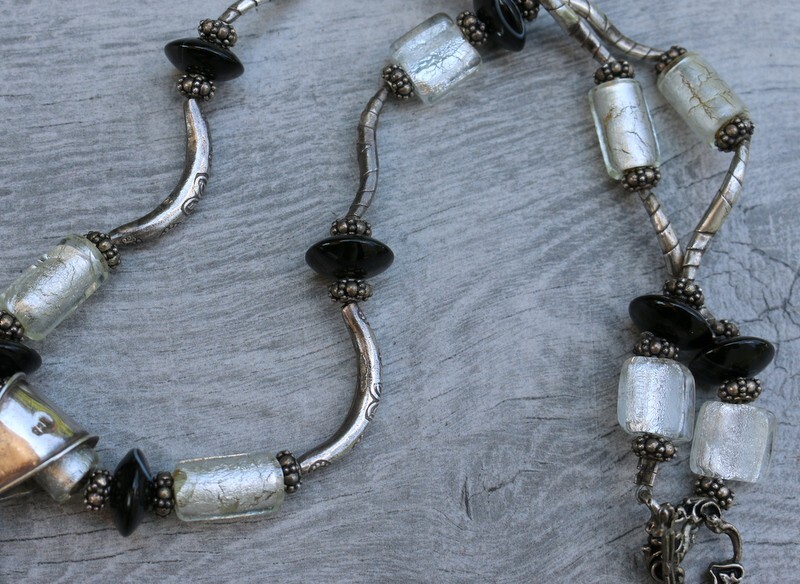 Vintage Sterling Silver 925 Mother Of Pearl Enhancer Murano Glass Necklace 93g