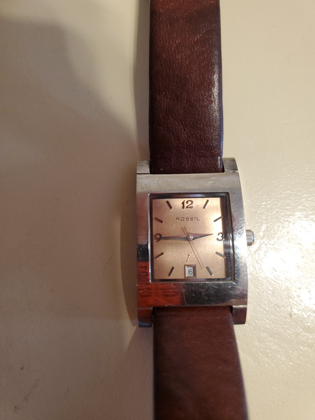 Fossil F2 Watch Women Silver Tone Tank Date 30M 100 Feet Leather Strap ES-9585