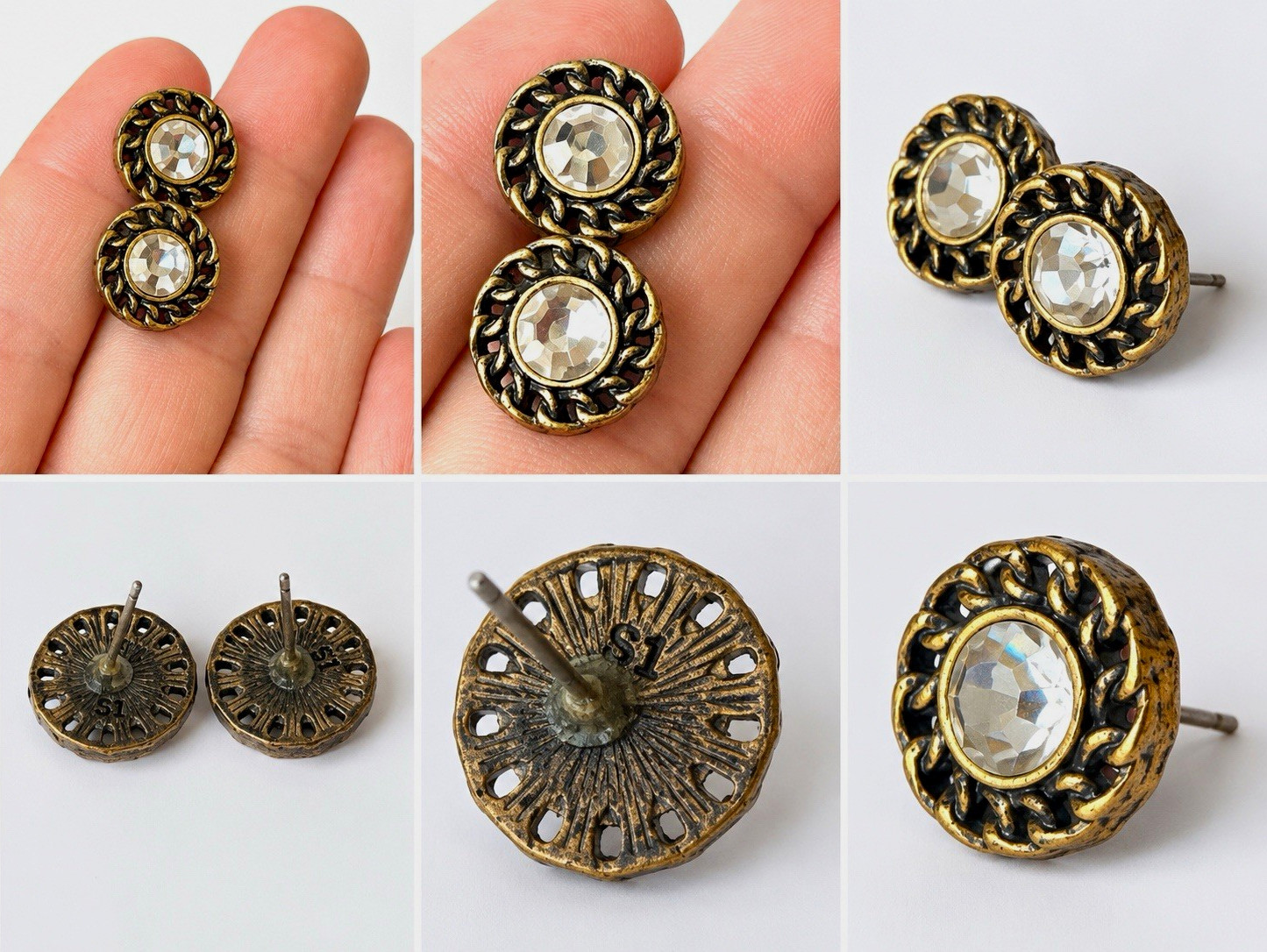 Vintage 1990s Rhinestone Stud Earrings Antiqued Gold Tone Rope Border Pierced