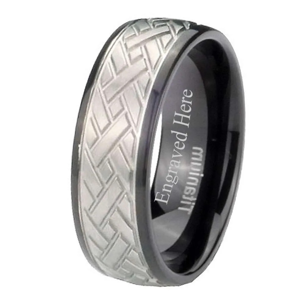8MM Titanium Black IP Silver Two Tone Diamond Cut Ring Size 7 to 13