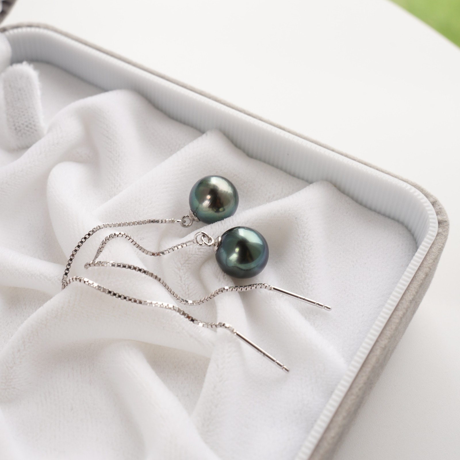 High Luster 9.7mm Tahitian Cultured Pearl Earrings Sterling Silver Threader,3.7″