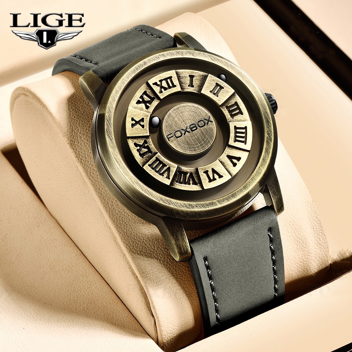 LIGE FOXBOX Men Watches Quartz Scrolling Bead Magne Waterproof Cool Wristwatch