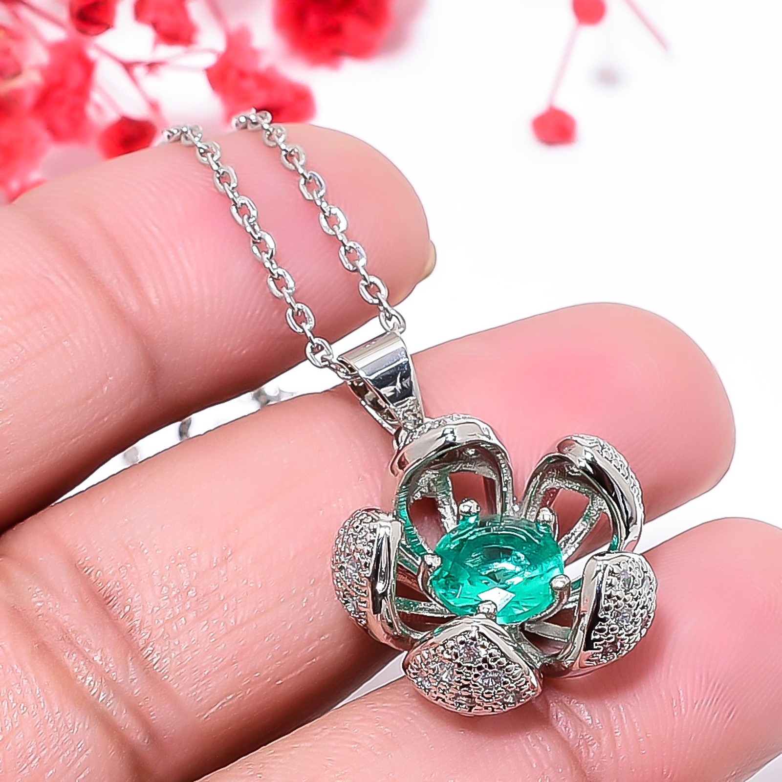 Apatite & Cz 925 Sterling Silver Floral Pendant With Chain 18-20″ CP161322