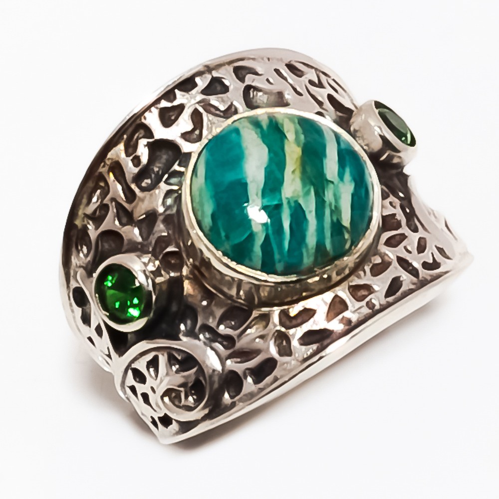 Amazonite – Russia, Emerald (Lab-Created) 925 Silver Plated Jewelry Ring s.6.5