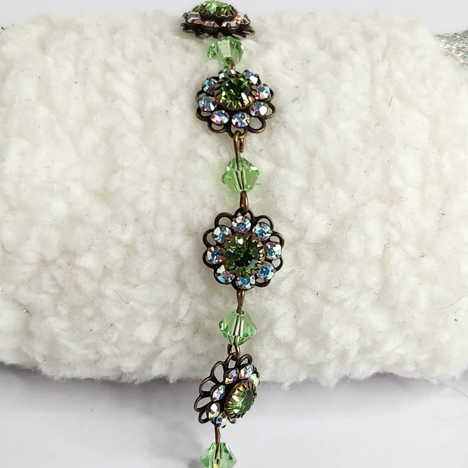 Liz Palacios SF Vintage Flower Bracelet Green Swarovski Crystal Rhinestone Link