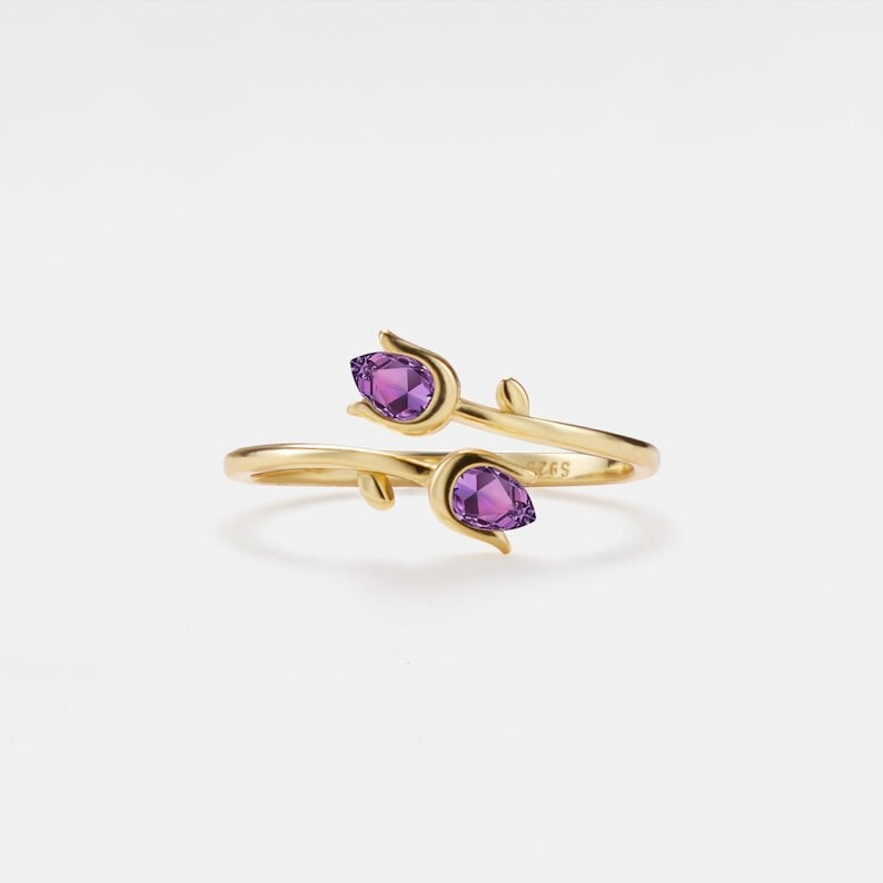 Purple Amethyst Tulip Flower Stacking Bypass Ring in 925 Sterling Silver