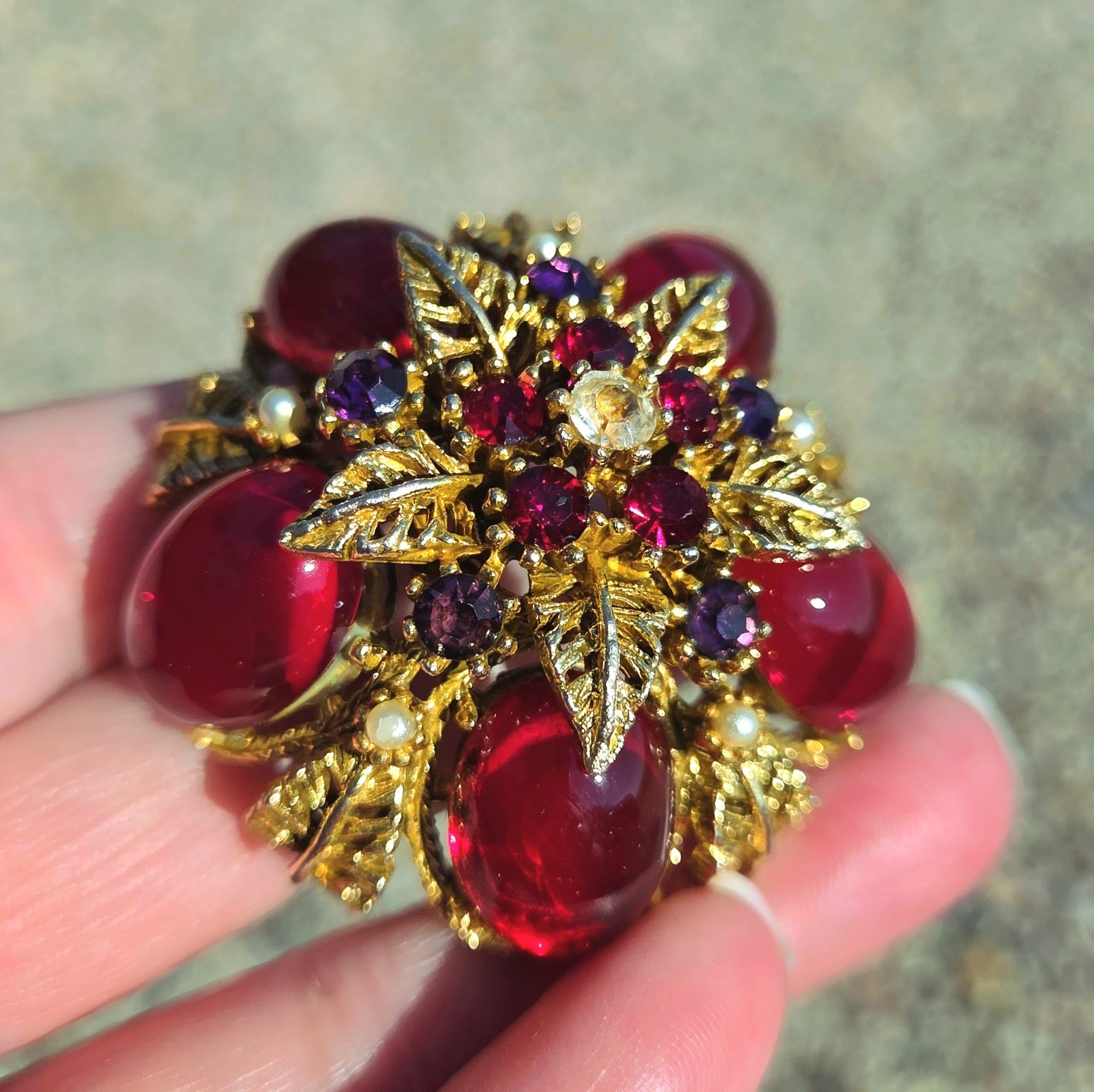 Vintage 60’s Arthur Pepper ART Brooch Red Glass Cabochons Faux Pearl Jelly Belly
