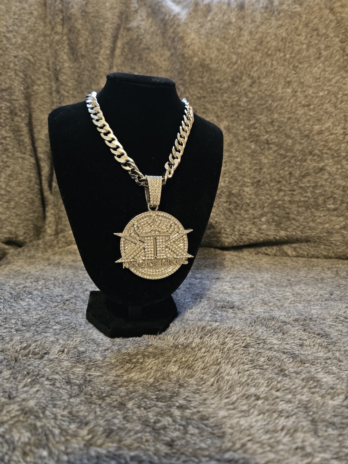 Cz Sterling Silver Round Religious “King of Kings” Charm Pendant W/ Chain