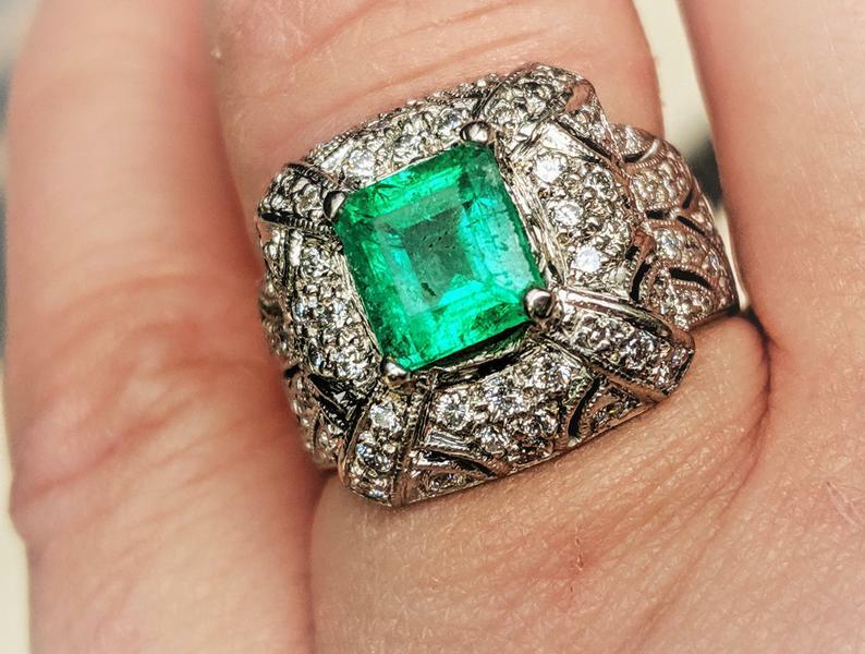 1.22CT Colombian Bright Emerald With Old Mine Cut Art Deco Filigree Wedding Ring