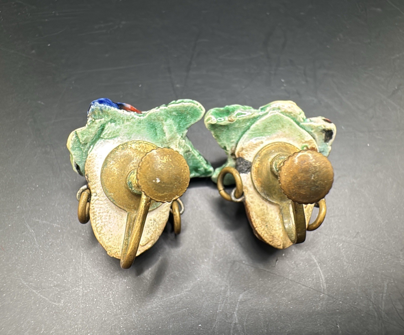 Vtg Ceramic Enamel Carmen Miranda Fruit Salad Hat Lady Screw Back Earrings