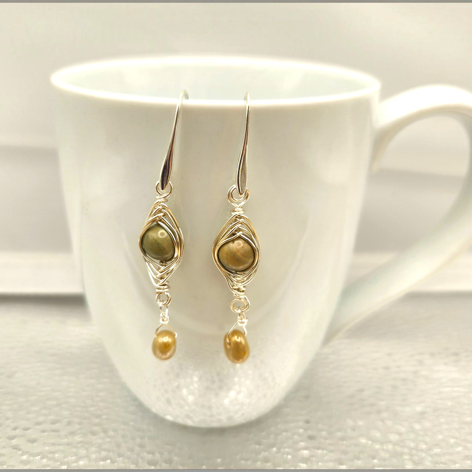 Handmade Stone Herringbone Wire Wrapped Dangle Earrings Gold Silver Bronze