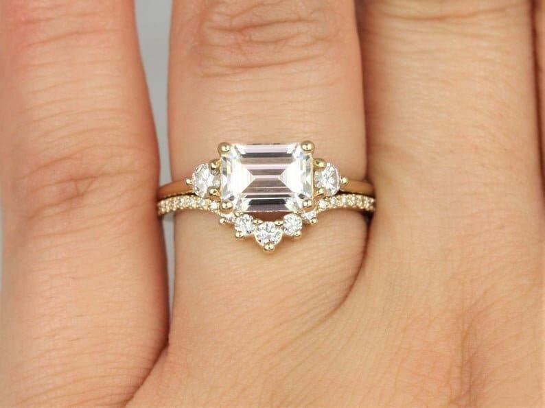 3Ct Emerald Cut Simulated Diamond Curved Bridal Ring Set 14k Yellow Gold Plated