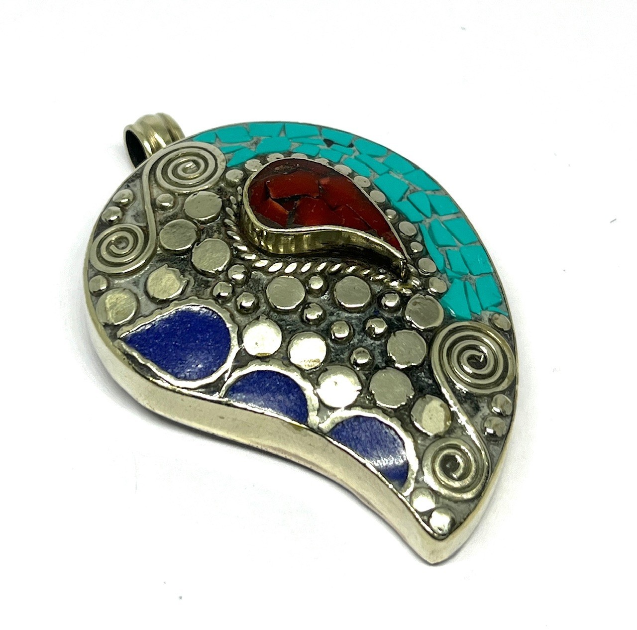 Handmade Turquoise Lapis Gemstone Tibetan Style Boho Pendant Jewelry, 2.2 inc