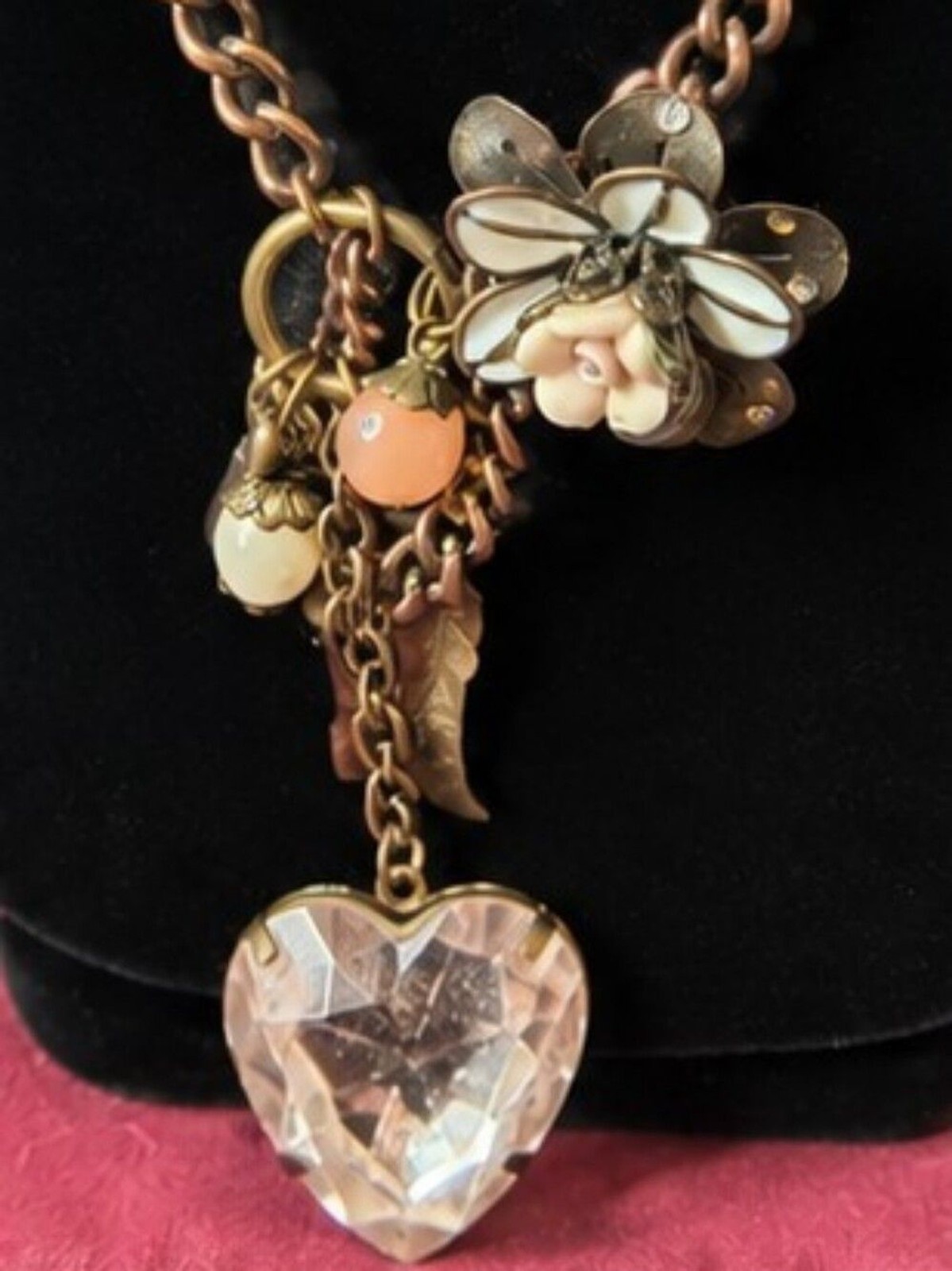 Vintage Romantic Cottagecore Charm Necklace Antique Copper Pink Glass Flower