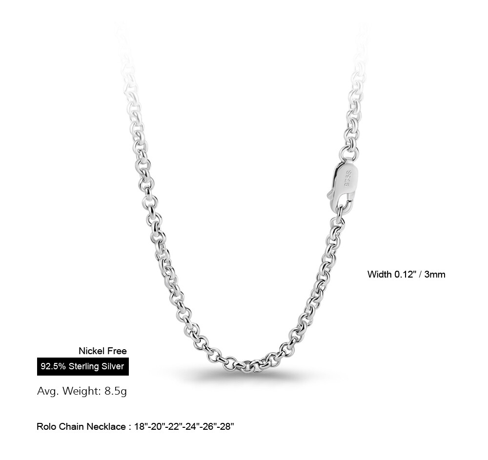 925 Sterling Silver Rolo Round Cable Chain Necklace 3mm 18″-28″ for Women & Men