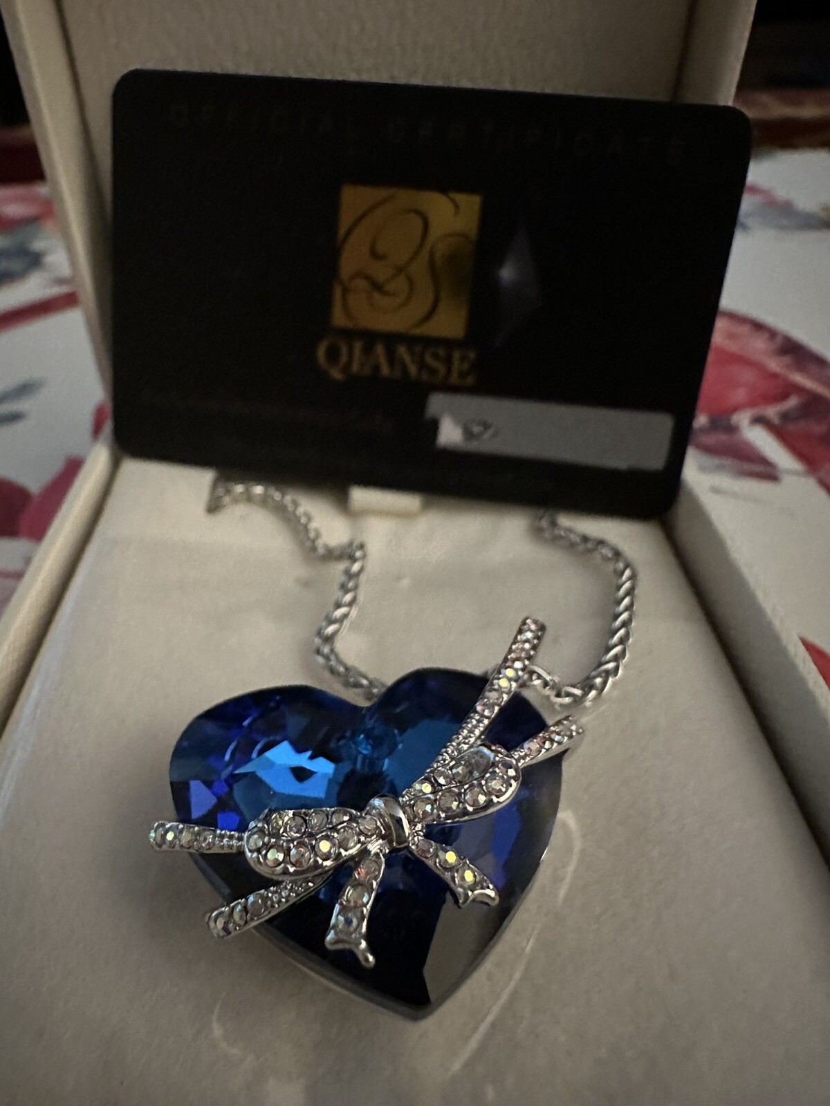 Qianse Swarovski Blue Heart of the Sea Pendant W Bow “Love You Forever” Necklace