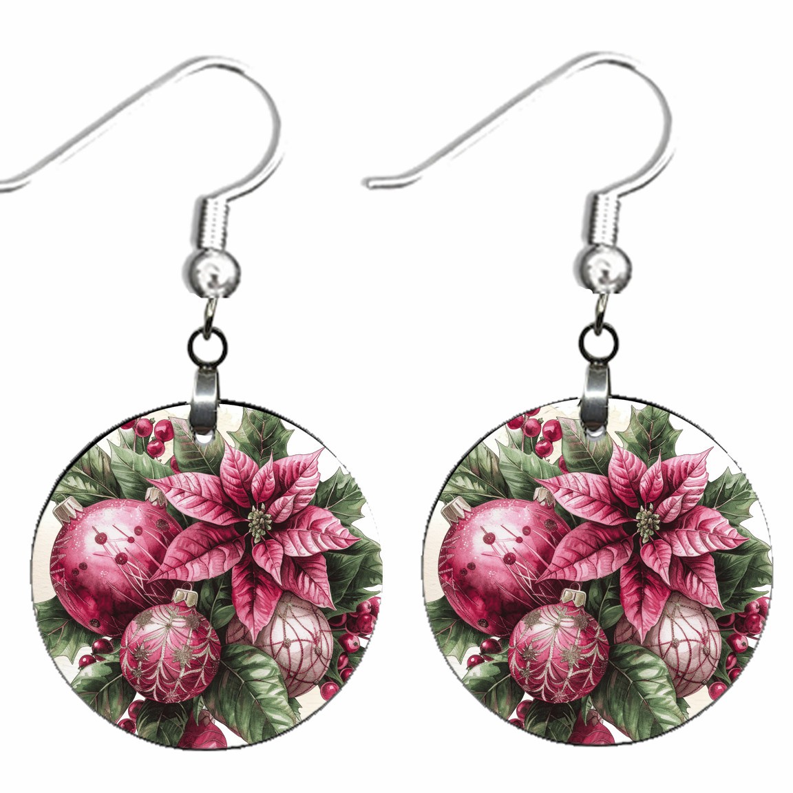 Pink Christmas Poinsettias & Baubles Christmas Earrings Dangle Xmas Jewelry