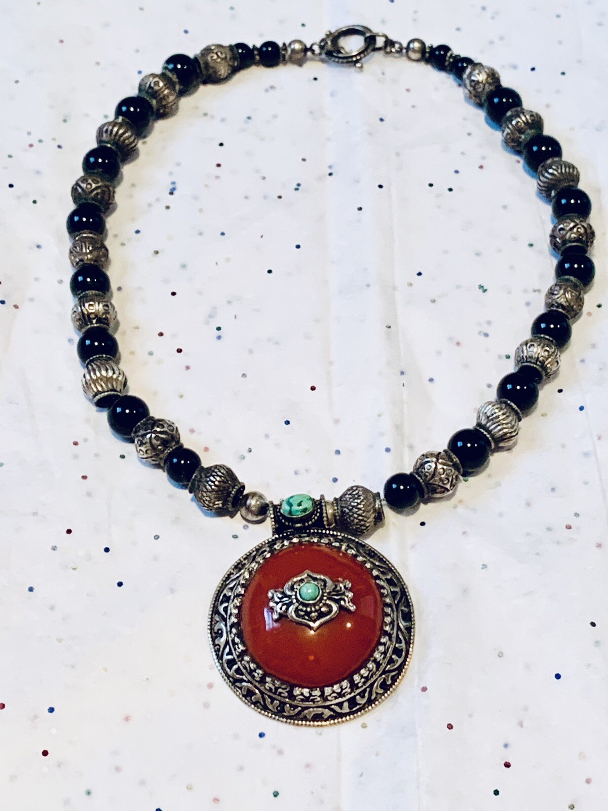 SALE! Antique Vintage Sterling Silver Turquoise Coral Onyx Beaded Necklace -140g