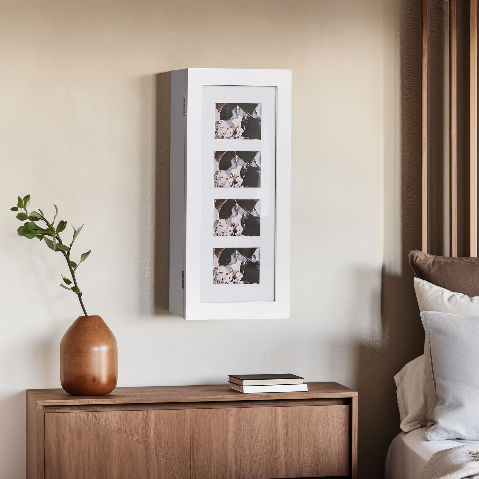 Simple PVC Wood Grain Coating Photo Storage Damp-proof Jewelry Mirror Cabinet