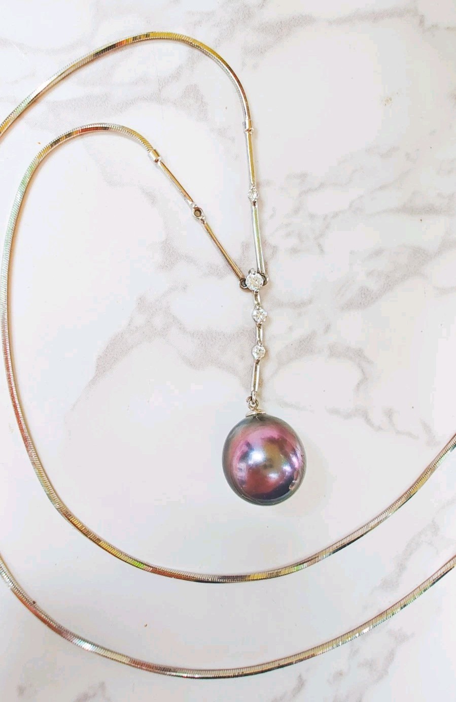 18K White Gold 10.9mm Tahitian Pearl .11ct Diamond Necklace 17” 6.12g