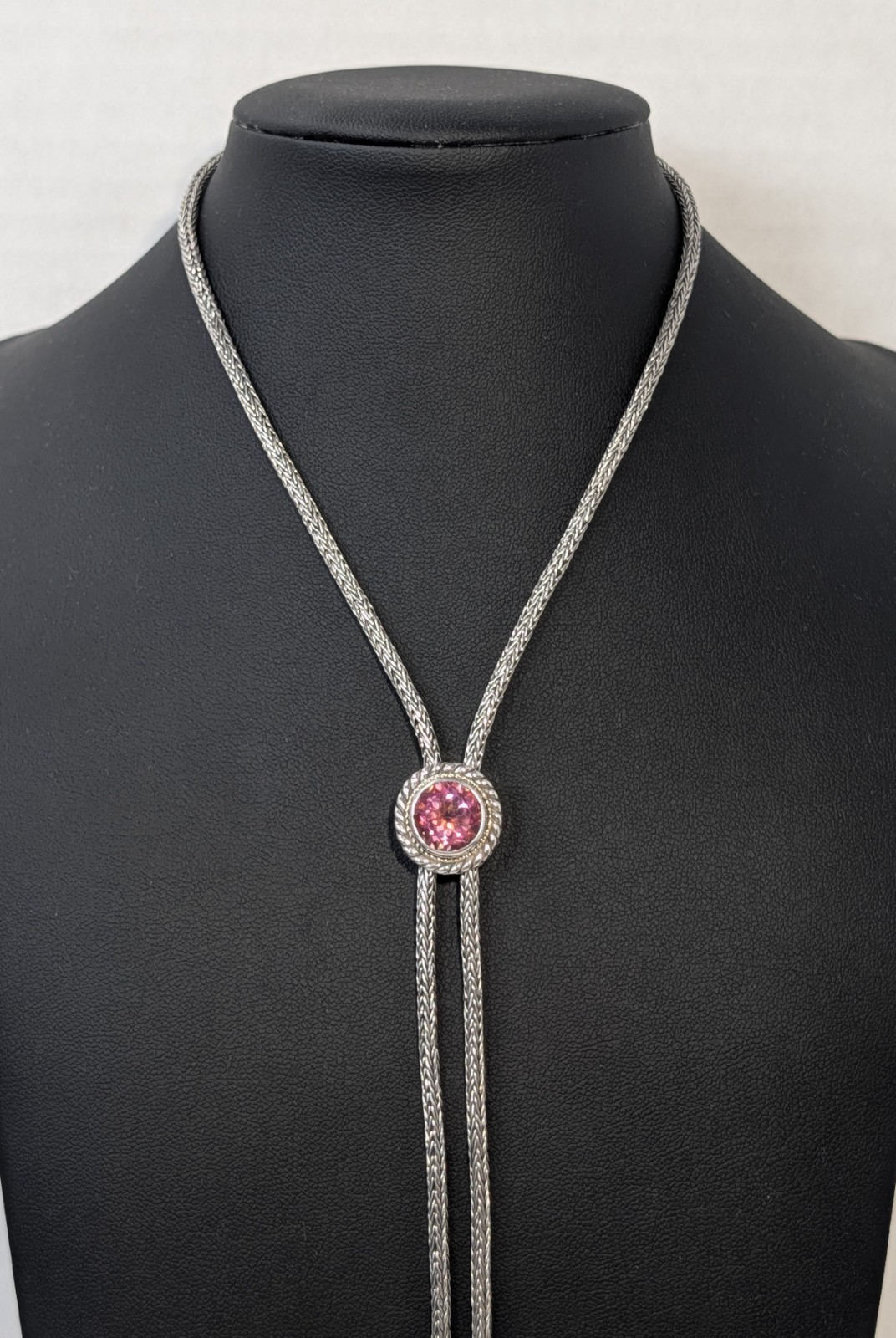 ** (NOS) Bali Designs Pink Quartz Cable Slide Bolo Necklace (28″,~40g) AR-64