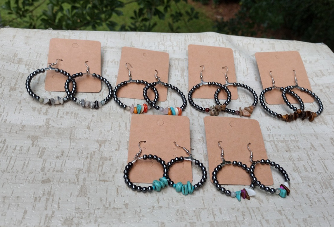 Set of 6 Mixed Hematite & Chip Stone Hoop Earrings, Bulk Lot as Pictured