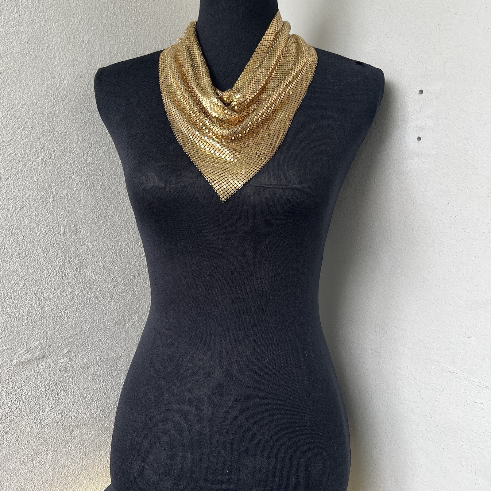 XL Vintage Chainmail Mesh Disco Scarf Bib Necklace Gold Bandanna Collar Cowl 24”