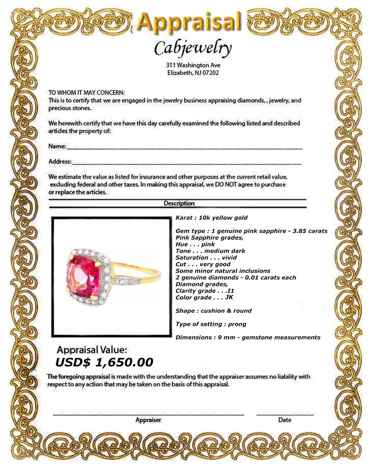 GENUINE 3.85 Cts PINK SAPPHIRE & DIAMONDS RING 10K GOLD – Free Appraisal