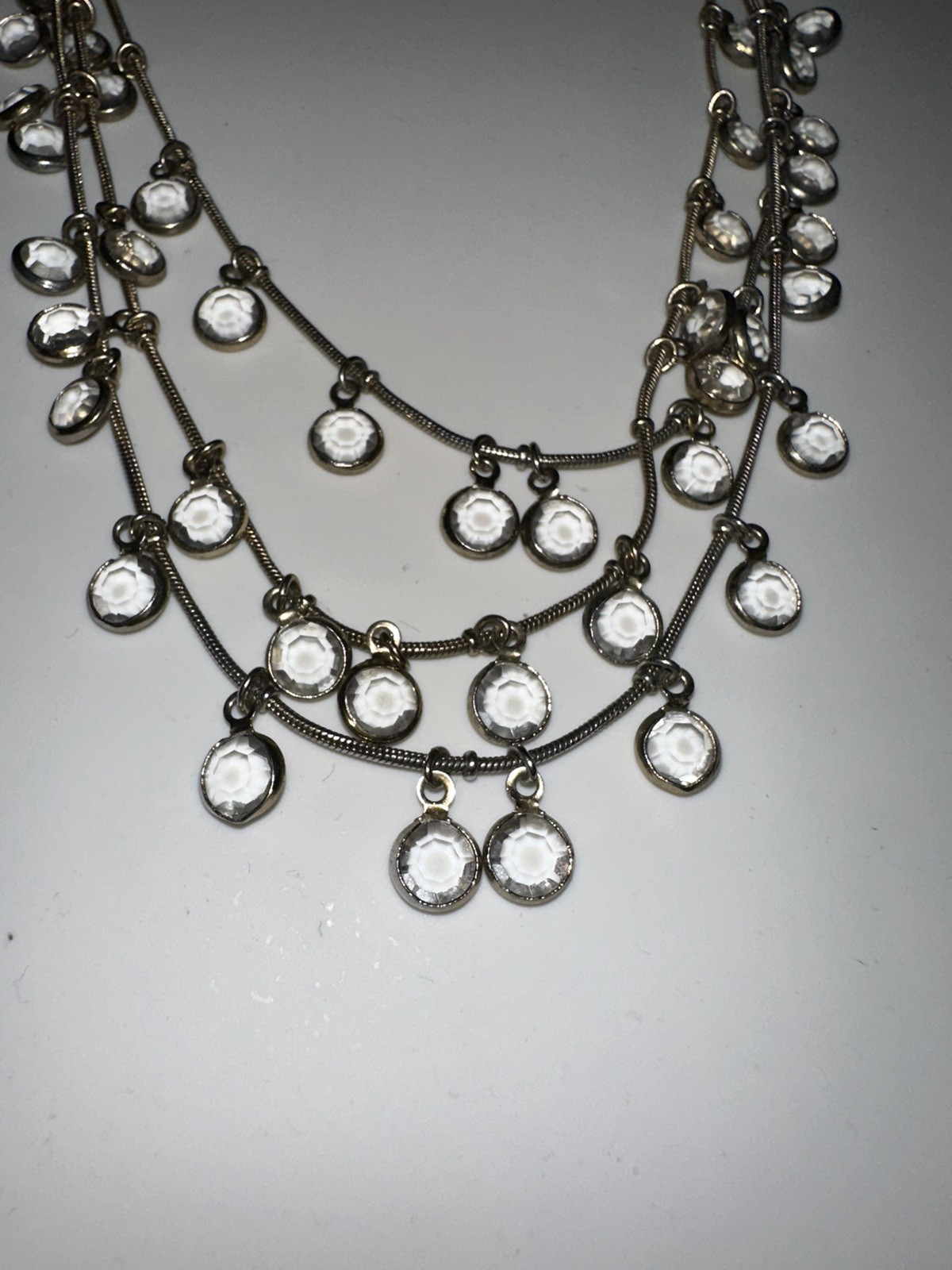 Anne Klein 3 Strand Bezel Set Clear Crystals Silver Tone Fashion Necklace