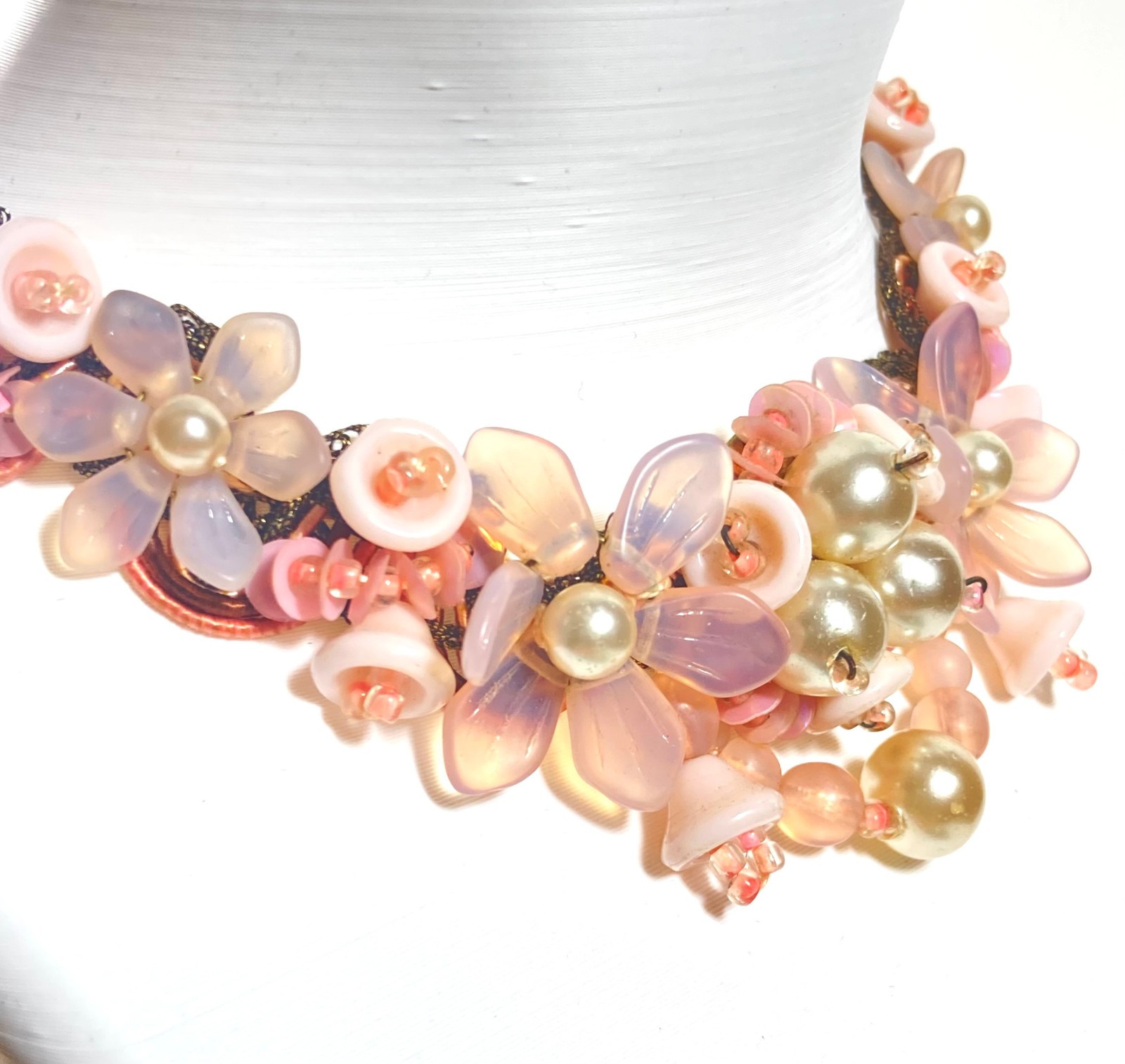 Vtg W Germany Wired Molded Glass Flower Cluster Pink Fruit Salad Necklace 15.5″