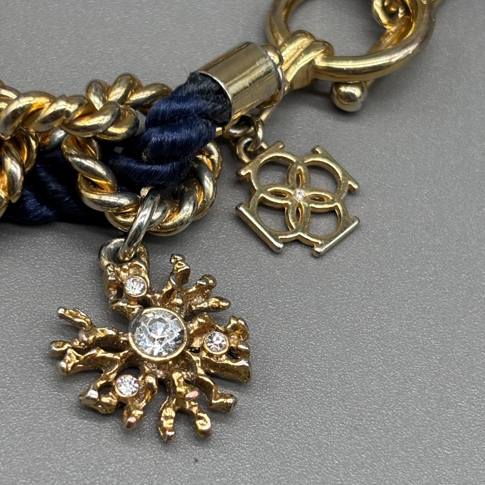 Ann Taylor Chain Link Twist Cord Bracelet Gold Tone Navy Blue Nautical Charm