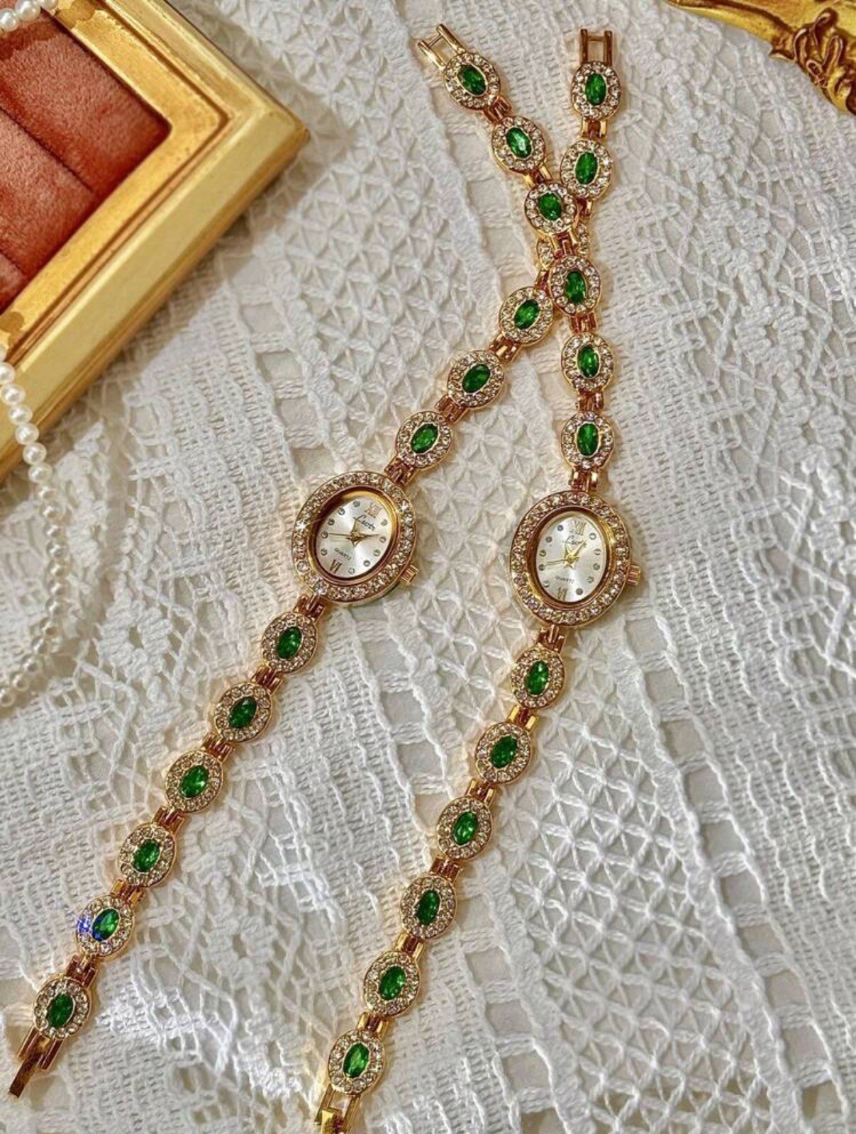 Women’s Gold And Green Crystal Vintage Luxury Oval Watch