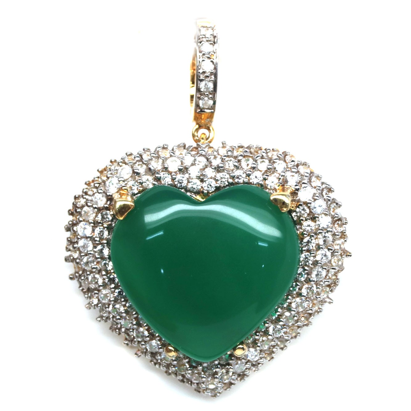 925 Silver Handmade 23 x 25 mm. Green Agate & White ZirconPendant