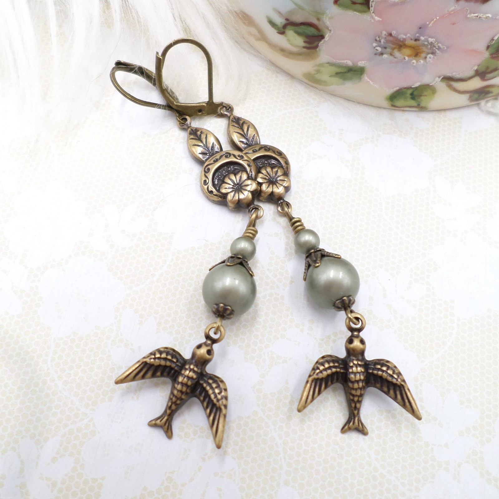 Brass Bird Earrings: Sage Green Pearl Floral Cottagecore Handmade Dangle Jewelry