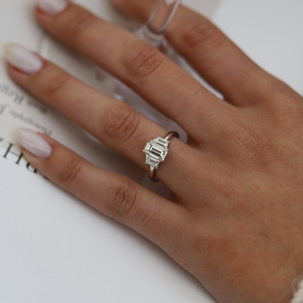 Wedding Ring 1.70 Ct Emerald Cut Moissanite Women Solid 14K White Gold Size 5 6