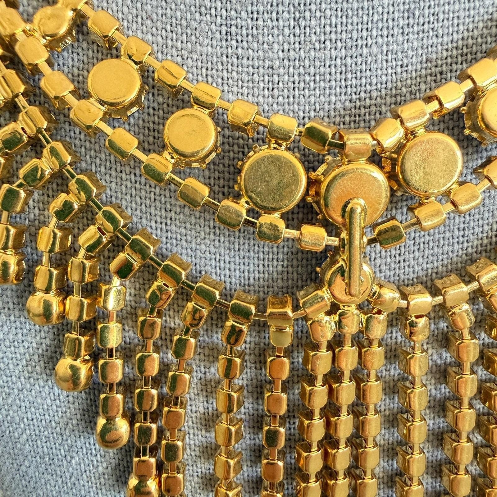 Vintage Blue White AB Rhinestone Bib Necklace 16″ Gold Tone Statement Cocktail