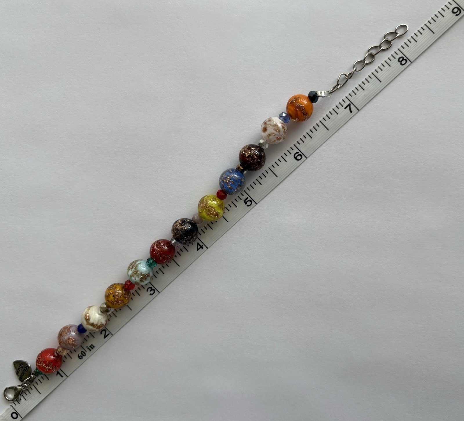 Vintage Murano Glass Bead Bracelet 7”- 8.25in Adjustable Multi Color Glass Beads