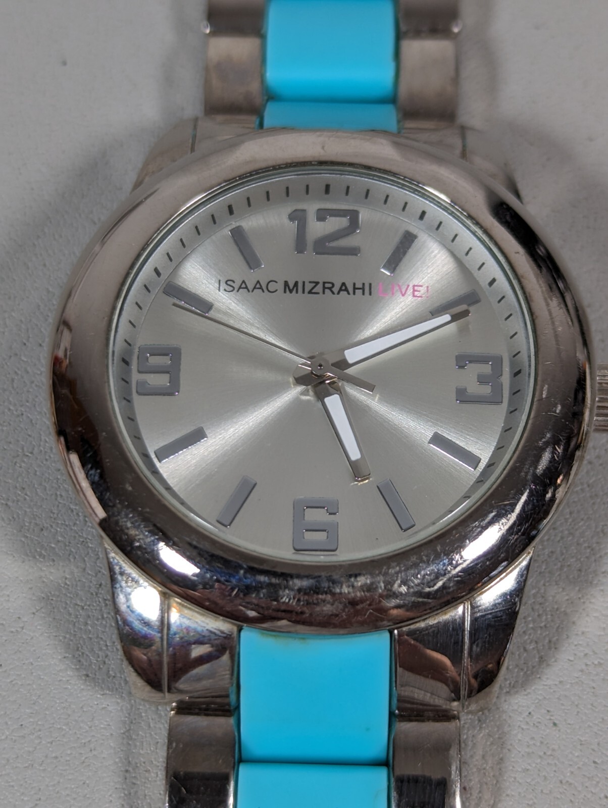 Isaac Mizrahi Live Silver Tone Dial Round Case Blue Link Bracelet Band Watch